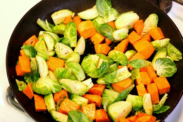 Brussels Sprouts and Sweet Potatoes in pan