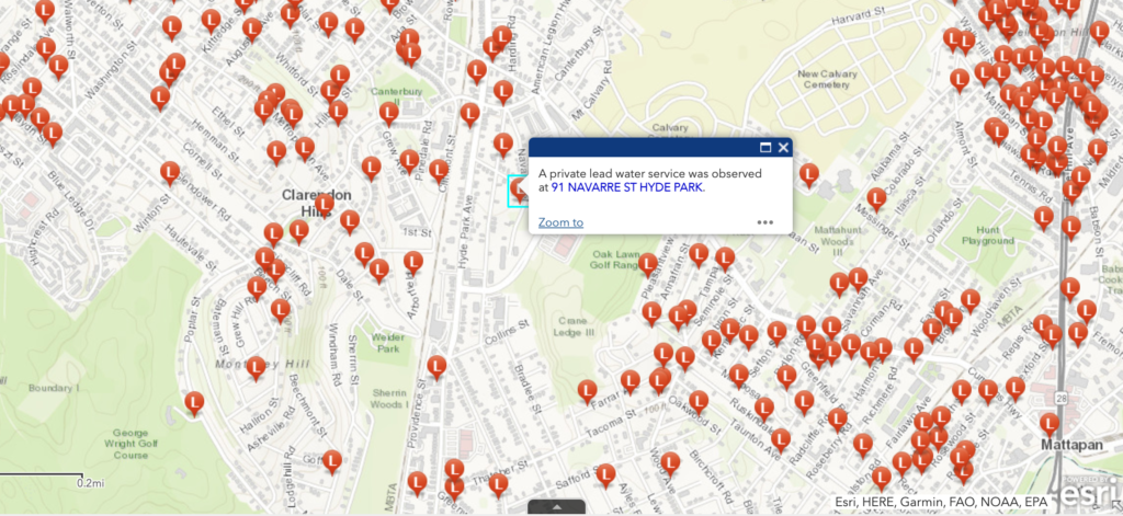 Screenshot of Boston's online lead service line map.
