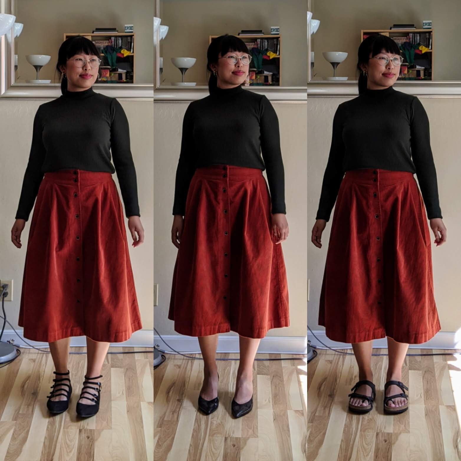 midi skirts black shoes and sandals