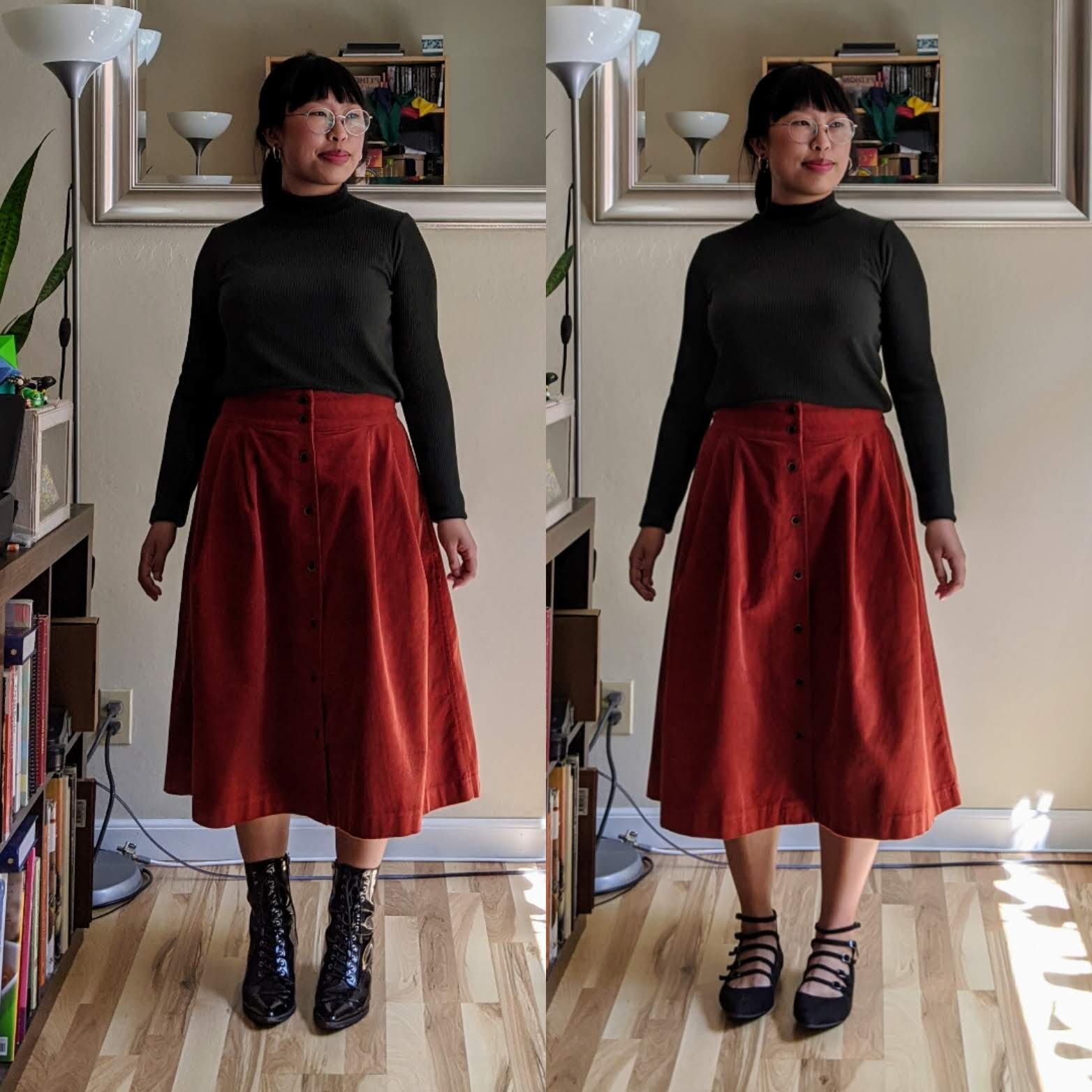 midi skirts pointy boots vs pointy flats