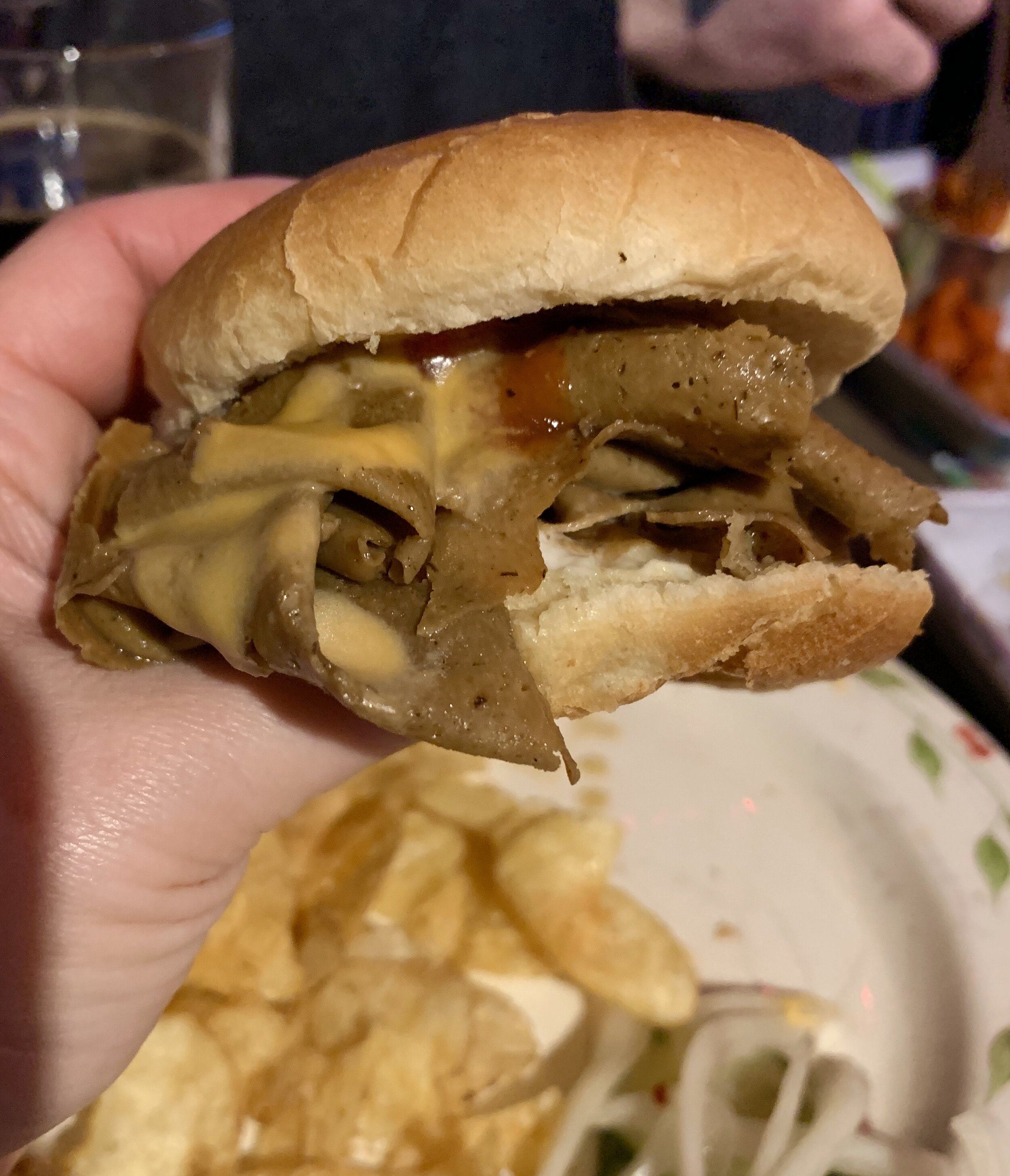 A sandwich with thinly sliced seitan, meant to mimic an Arby's roast beef sandwich.