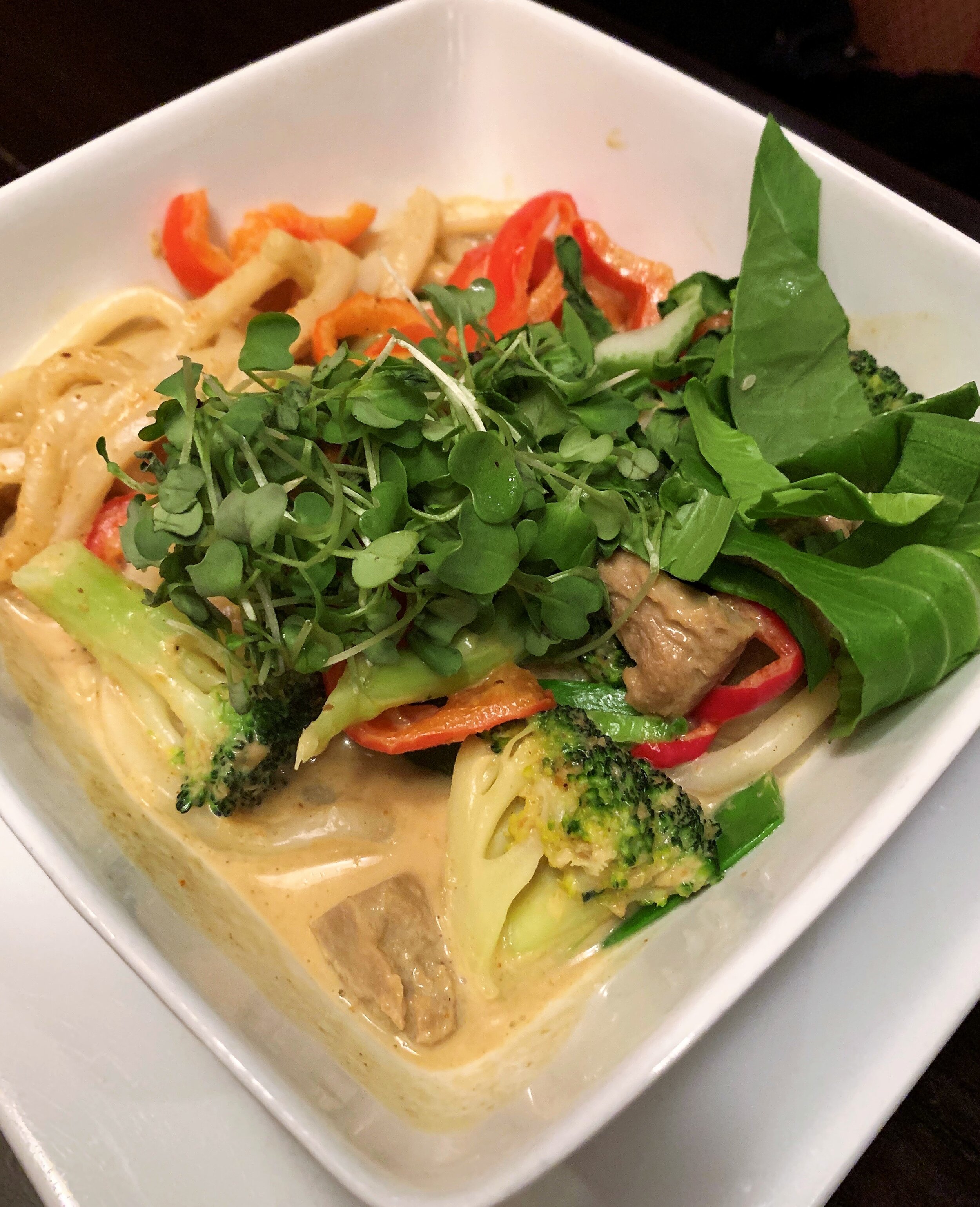 Yellow curry with udon noodles, veggies, and mock duck at Ginger Hop in northeast Minneapolis