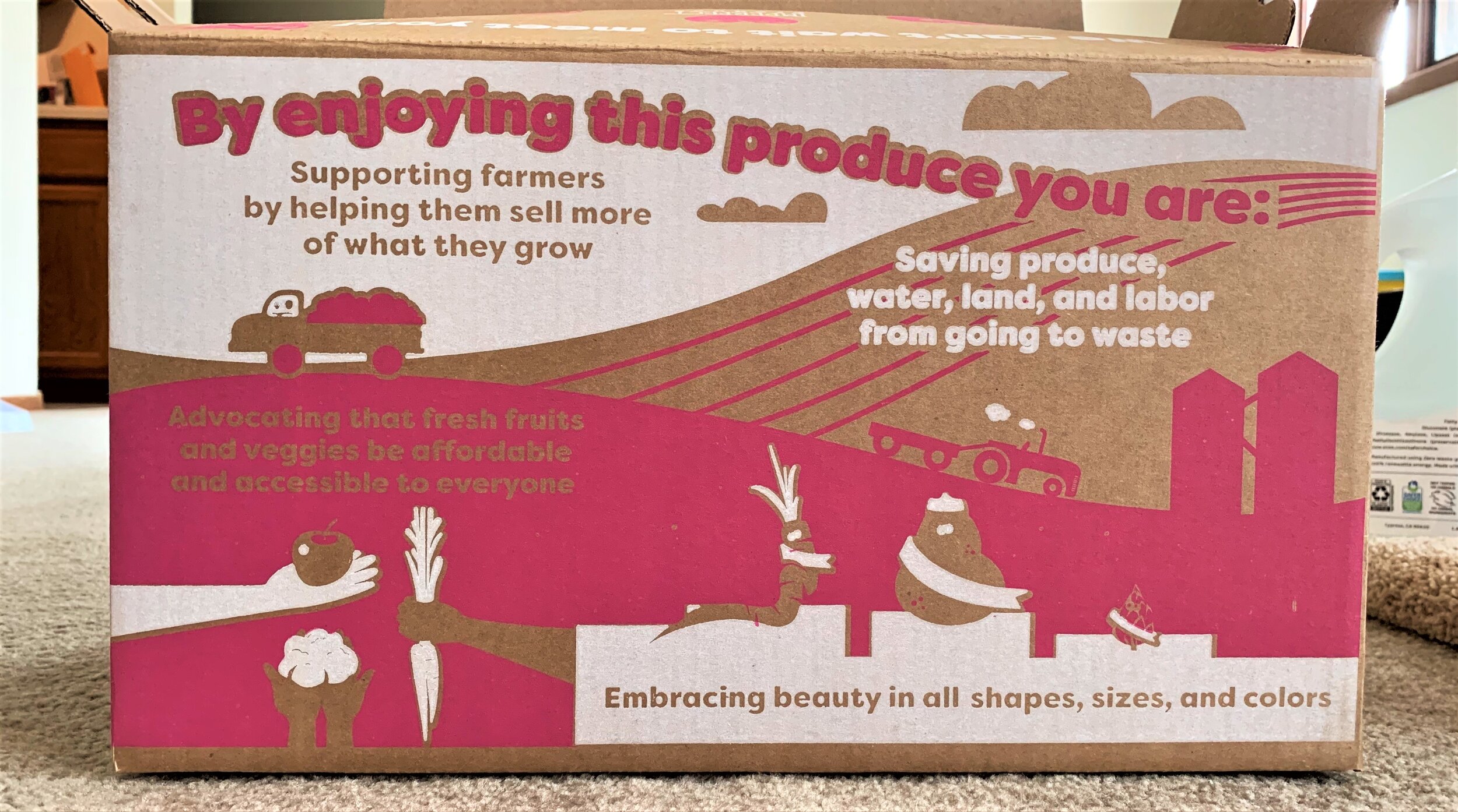 an Imperfect Produce cardboard box that mentions supporting farmers and saving produce, water, land, and labor from going to waste