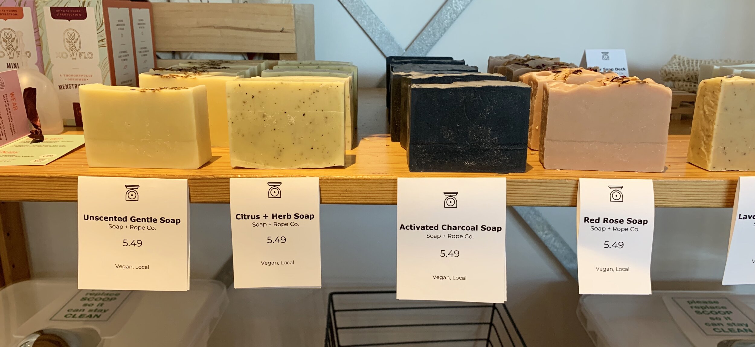 Several kinds of soap from Soap and Rope Co: unscented, citrus and herb, activated charcoal, and red rose.