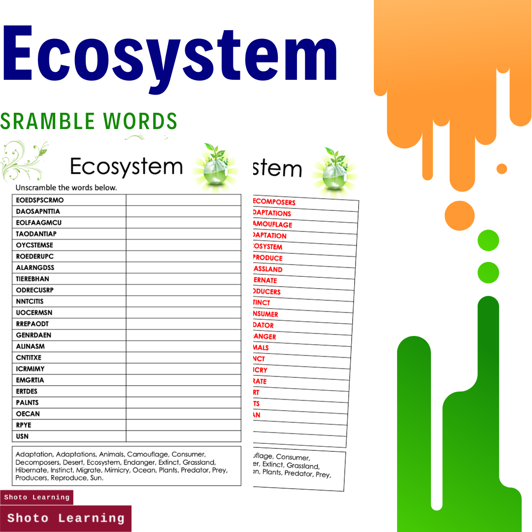 ECOSYSTEM SCIENCE ACTIVITY - SCRAMBLE WORDS VOCABULARY WORD GAME UNSCRAMBLE  — SHOTO LEARNING | English Math Science Worksheets