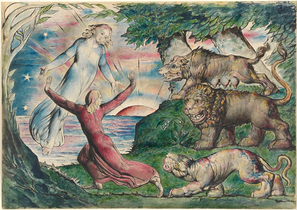 Dante running from the three beasts , William Blake (between 1824 and 1827).