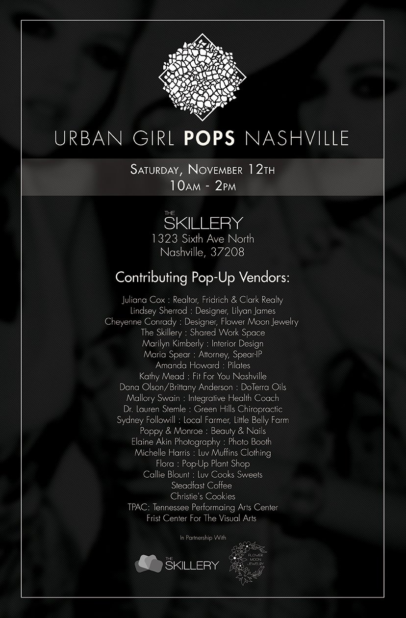 Flyer for Urban Girl Pops Nashville to take place on Saturday, November 12 from 10am to 2 pm at The Skillery, 1323 Sixth Ave North, Nashville, 37208