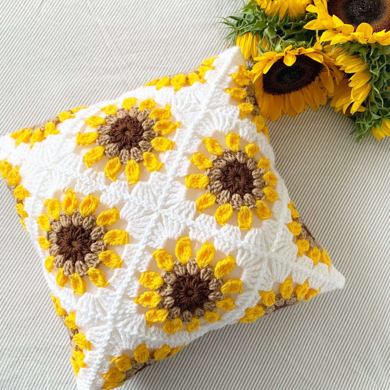 Granny Square Sunflower Pillow Cover