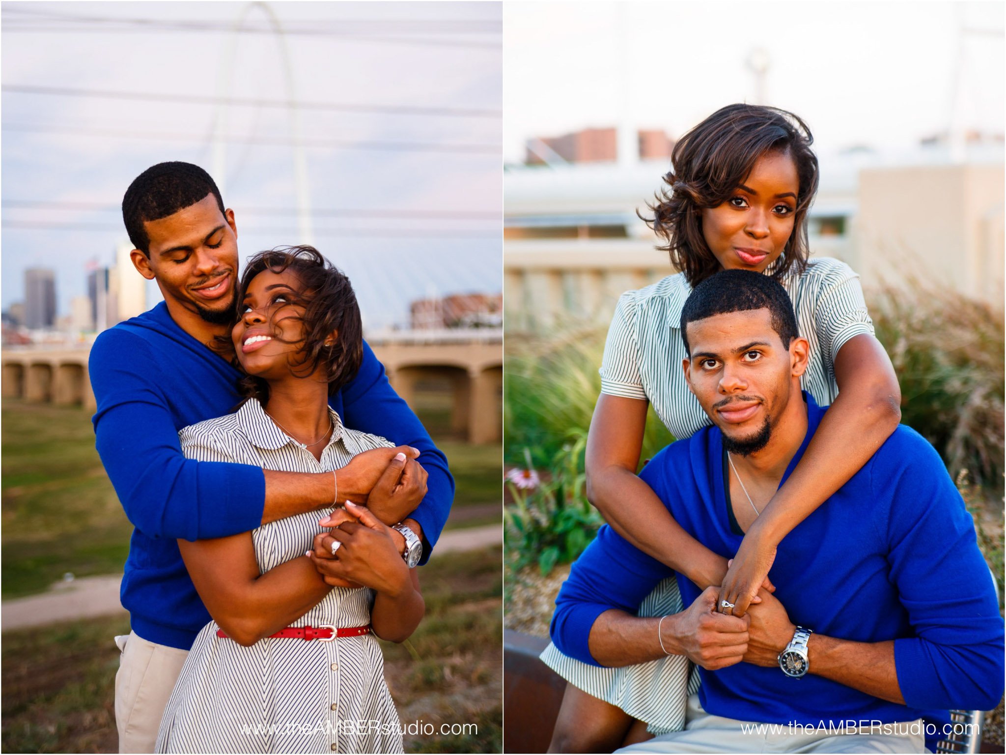 Black couple embracing. Their Dallas engagement session location is on the Margaret Hunt Hill Bridge.