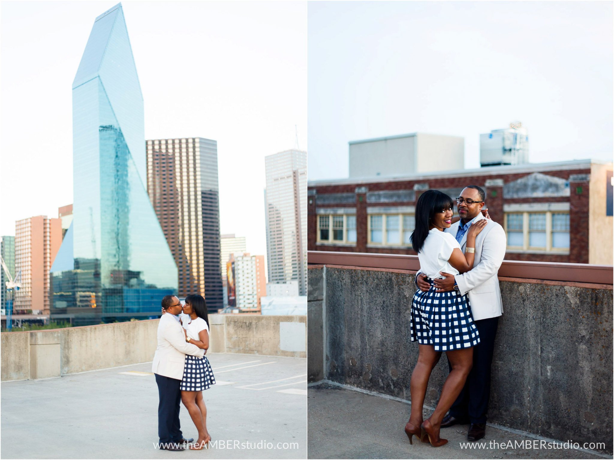 Black wedding photographer captured this images at a special location in Dallas. African American couple is embracing on a rooftop with the Dallas skyline in the background.
