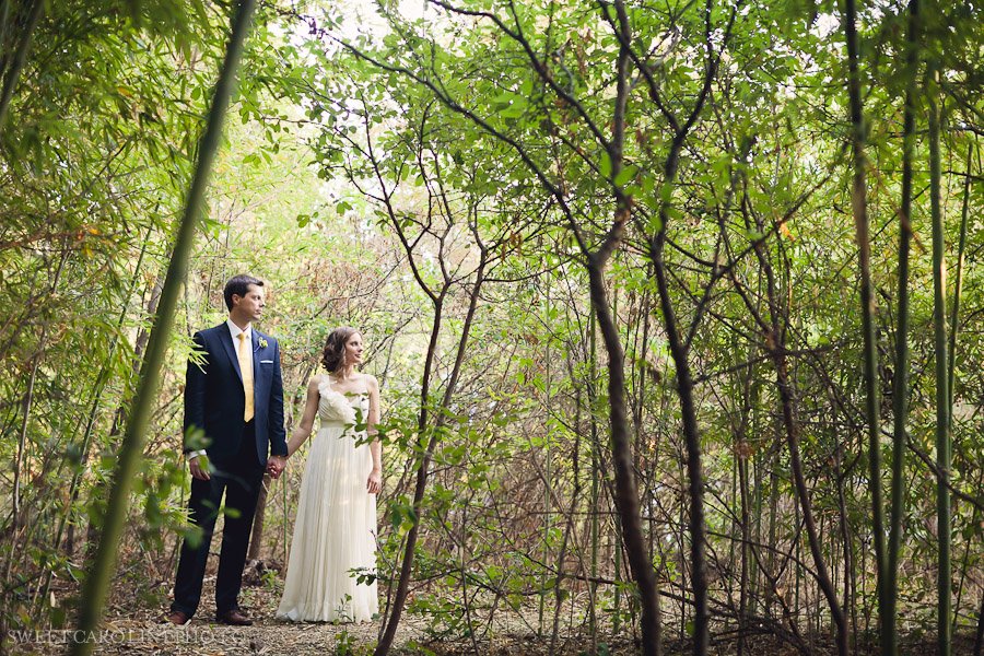 bride and groom in bamboo forest