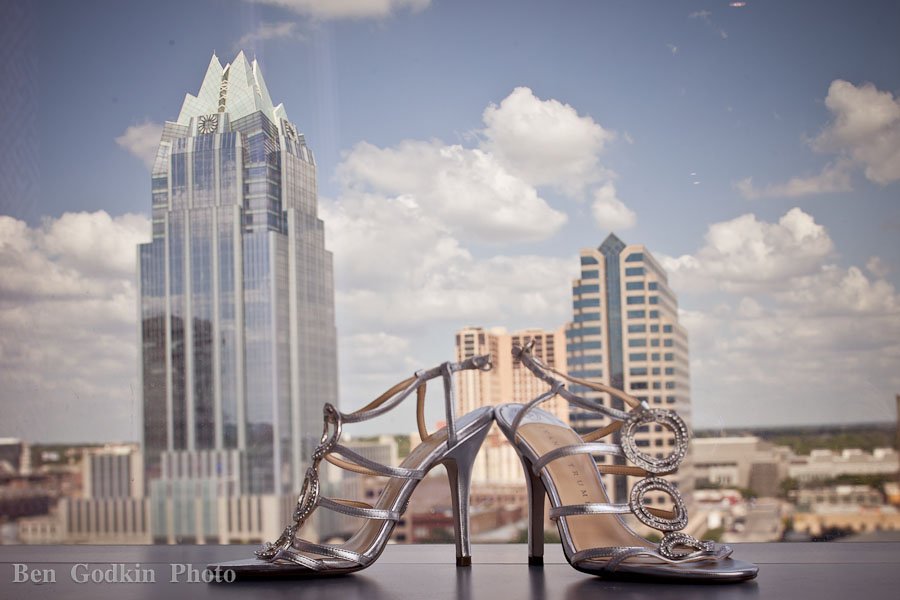 Wedding shoes with the Austin skyline in the background at the W Hotel