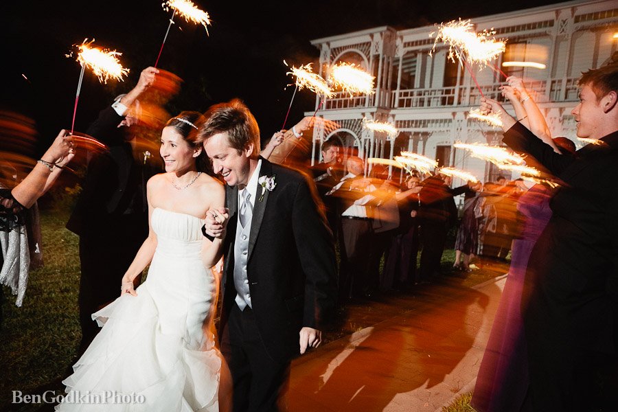 bride and grooms grand exit with sparklers barr mansion