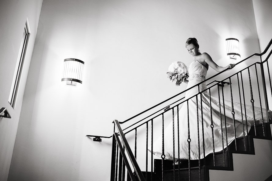 bride walking steps of Smith Family Chapel
