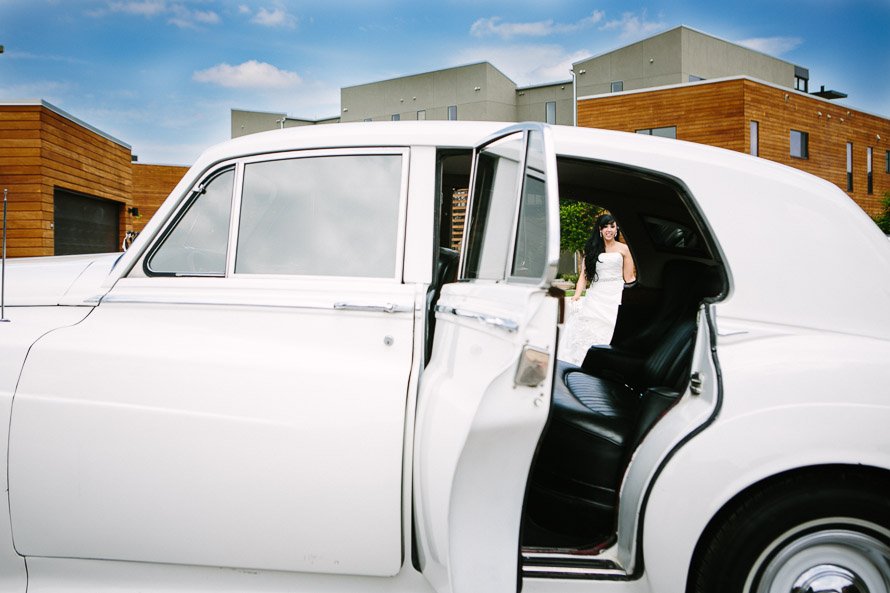 bride jumping in the get away car