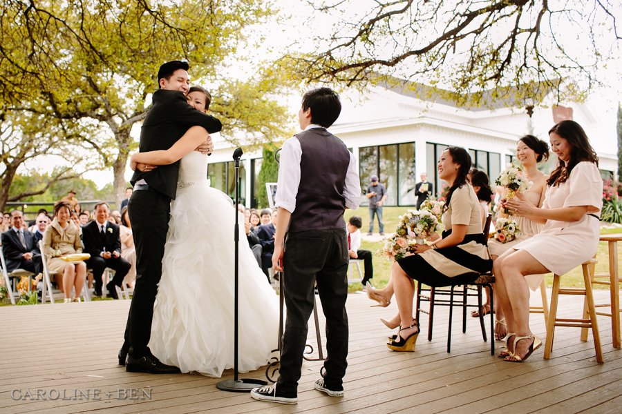 Antebellum Oaks wedding ceremony love hug