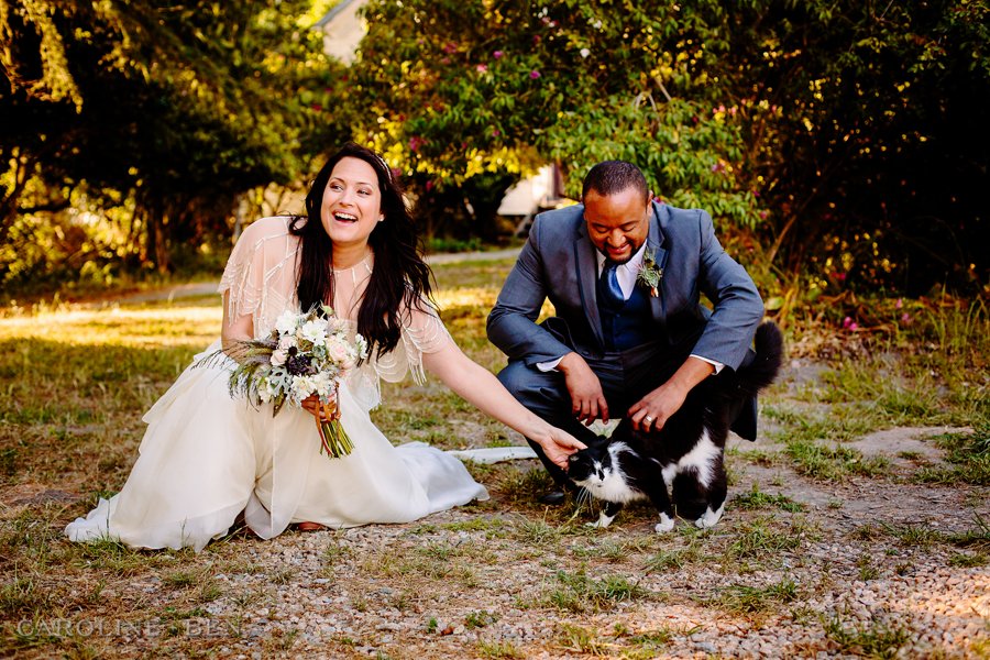 bride and groom and cat