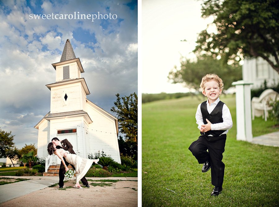 bride and groom dipping in front of chapel and ring bearer being cute