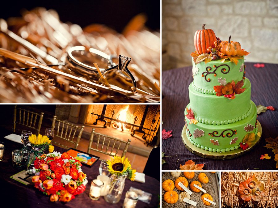 fall wedding reception details with hay and pumpkins