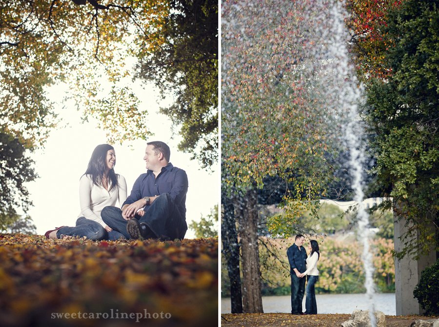 couple laughing under fall trees