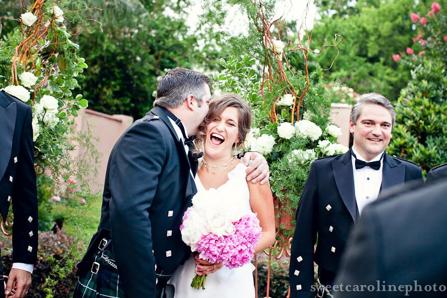 bride and best man laughing during Scottish wedding at the Parador in Houston