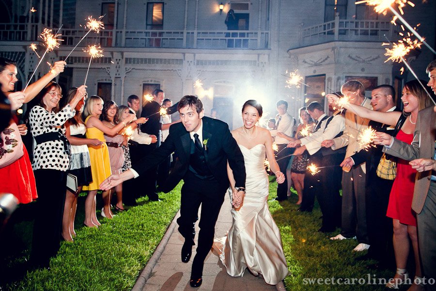 bride and groom exiting with sparklers at Barr Mansion