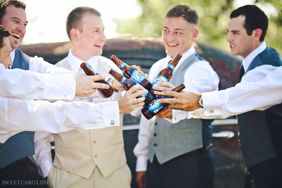 groom and groomsmen with beers