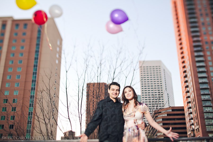 couple letting go of balloons at Houston wedding venue, the Grove