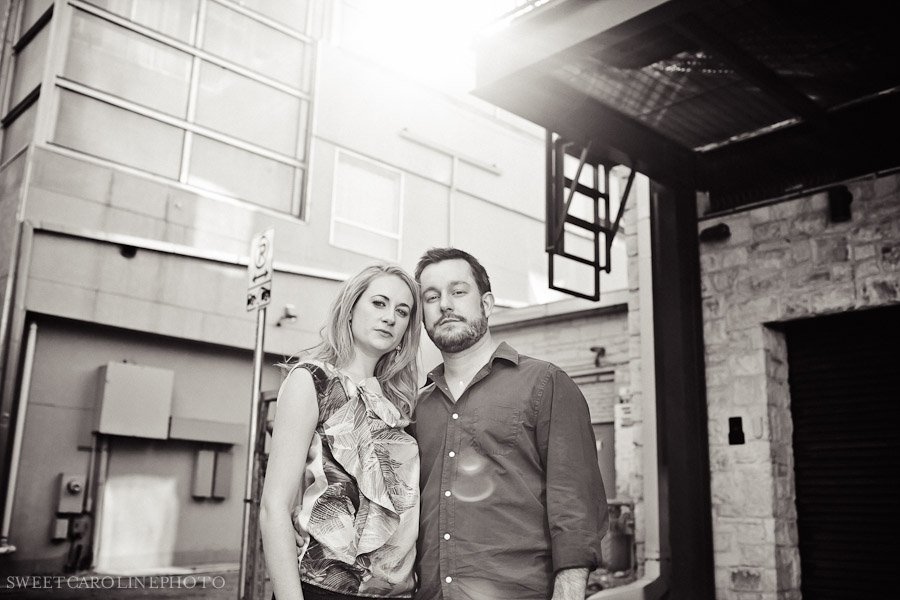 engaged couple in downtown Austin in black and white