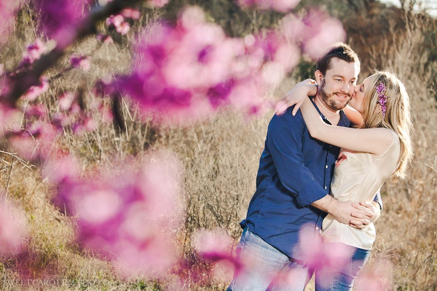 couple kissing shot through pink flowers