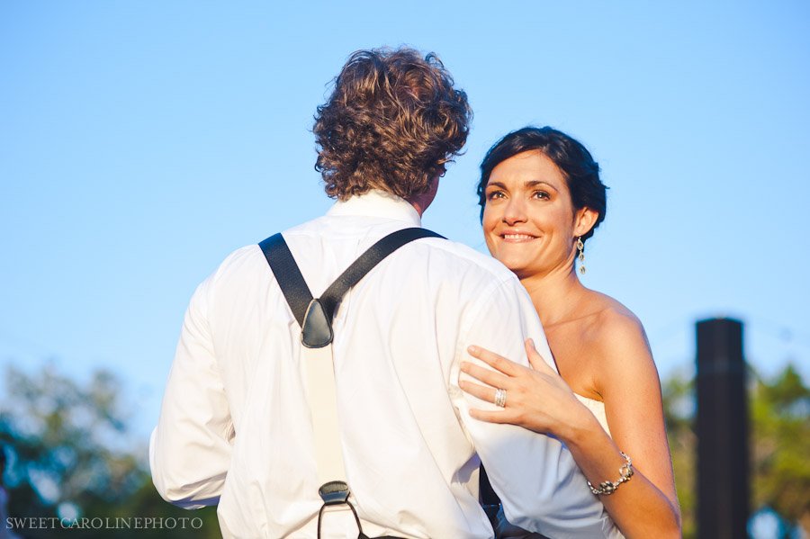 bride and groom's first dance at sunset