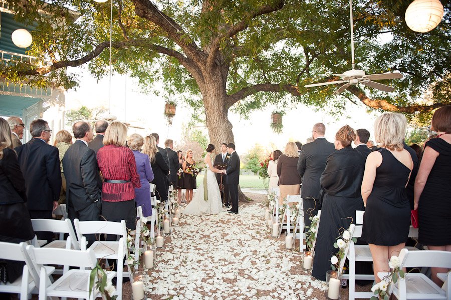 Wedding ceremony under the pecan tree at Barr Mansion