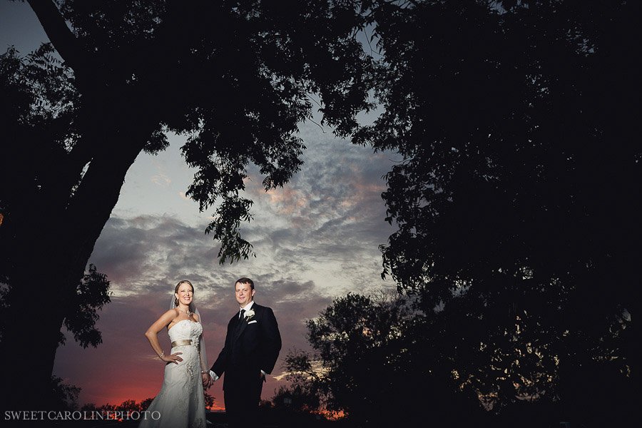 bride and groom portrait at sunset at Barr Mansion