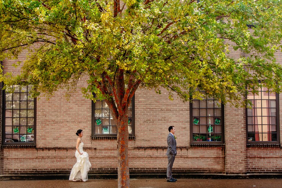 bride and groom first look in downtown Houston