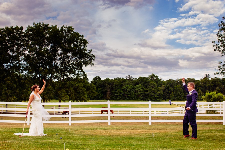 bride and groom playing croquet