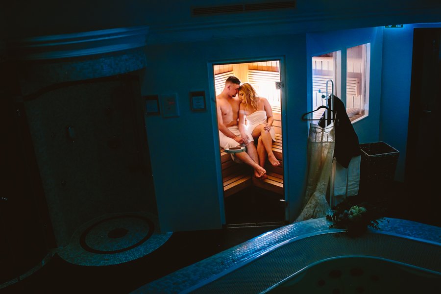 bride and groom in sauna