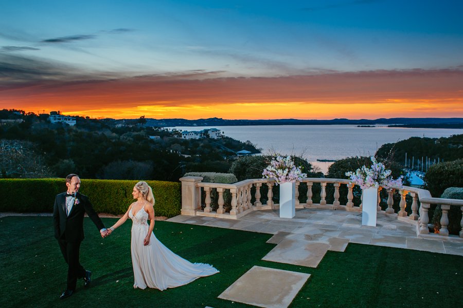 sunset wedding over lake travis