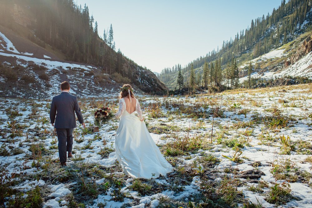 bride and groom at sunrise elopement in Colorado