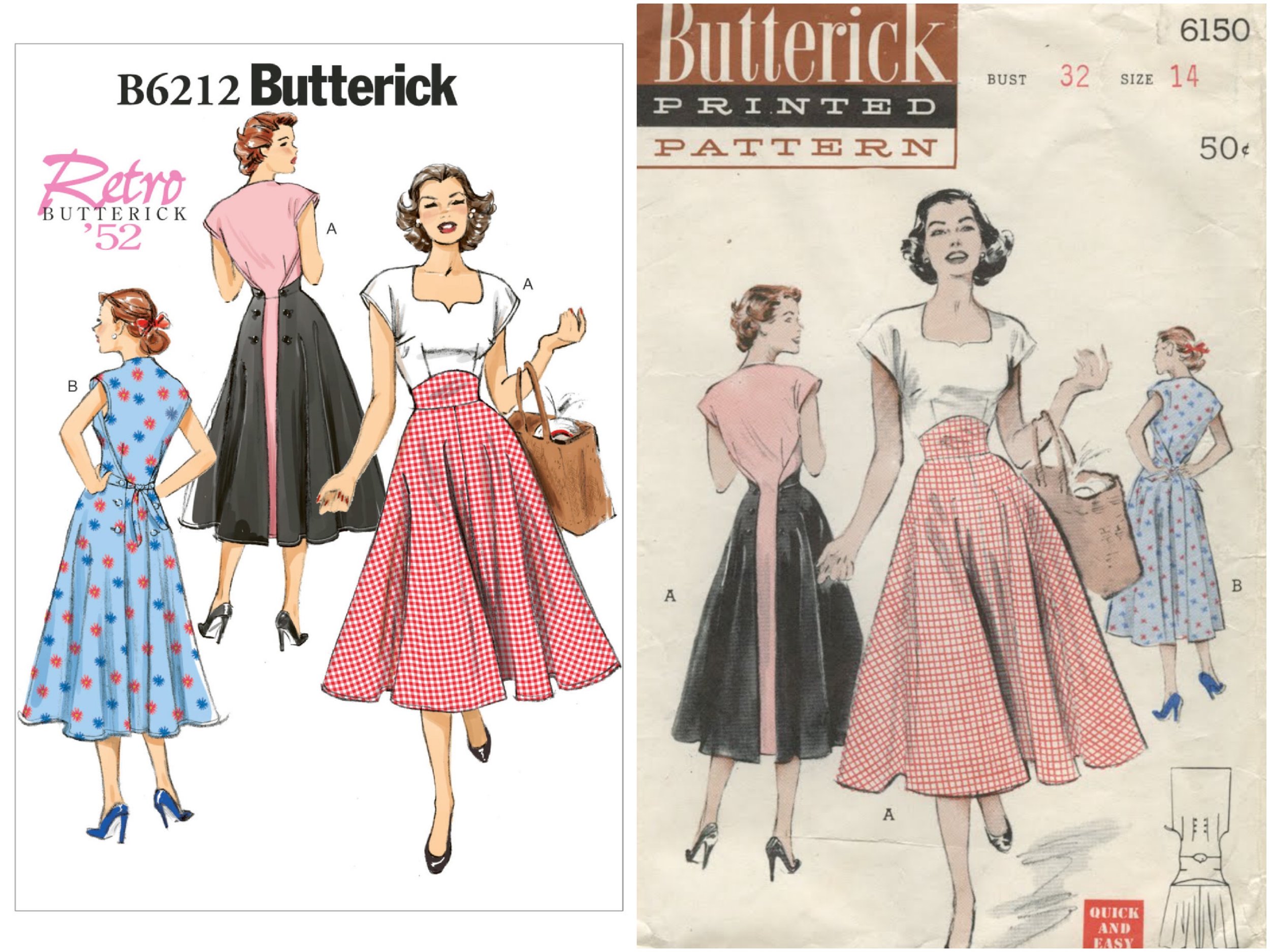 BACK WRAP DRESS BUTTERICK SEWING PATTERN 6212 MISSES SZ 6-14 RETRO 50s FLARED