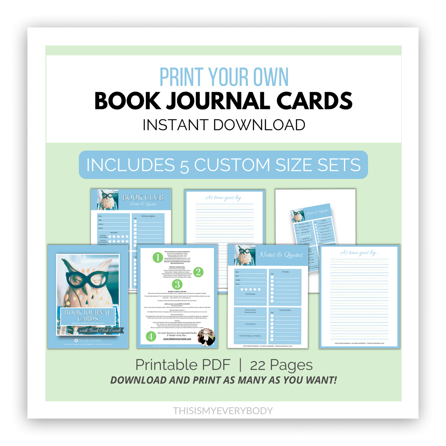 Reading Journal Printable Cards  Book Club Book Journal Cards