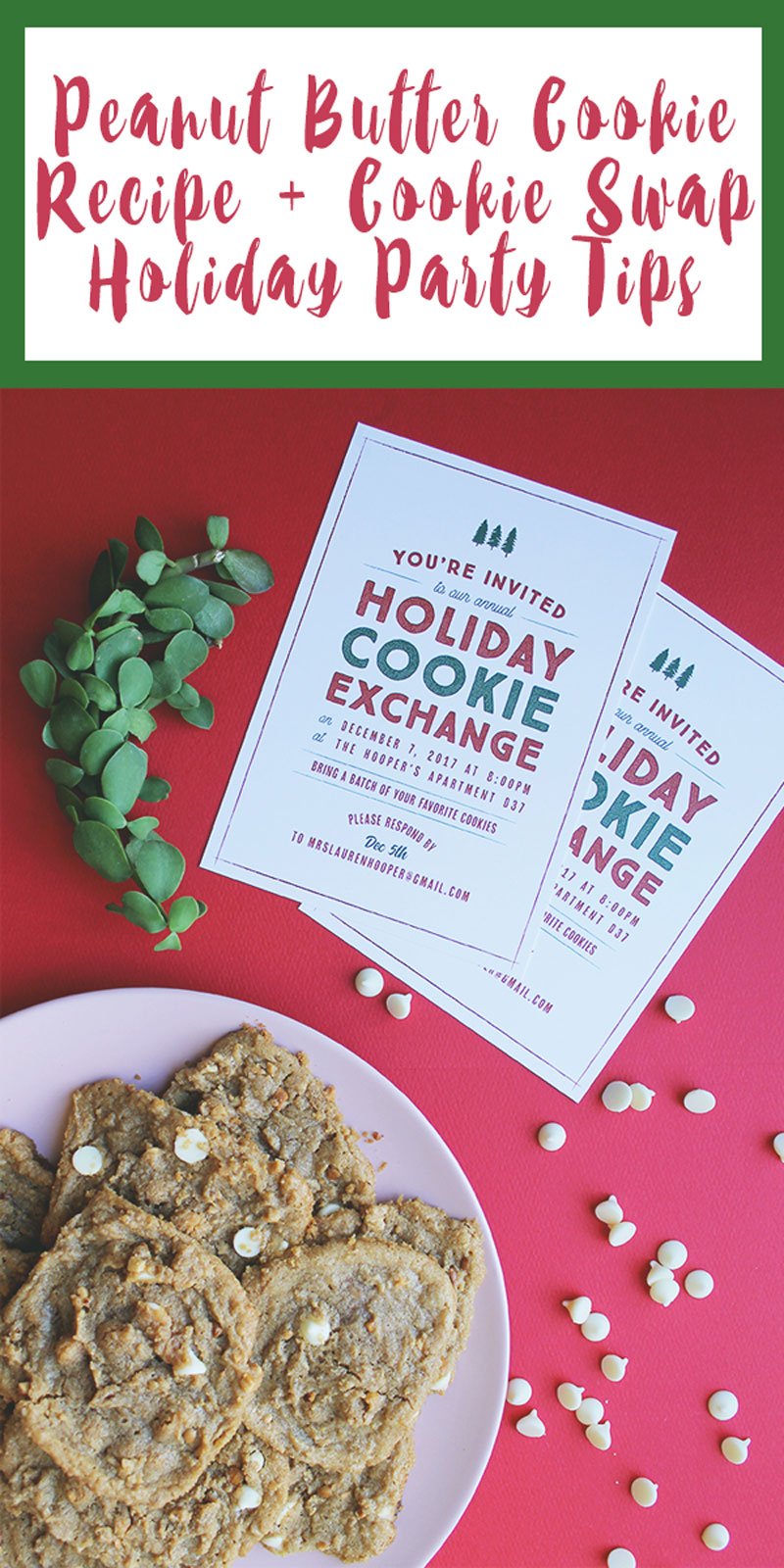 Click through for simple, party winning Peanut Butter + Chocolate Chip Cookie recipes. Plus! Holiday party tips and invitations. 