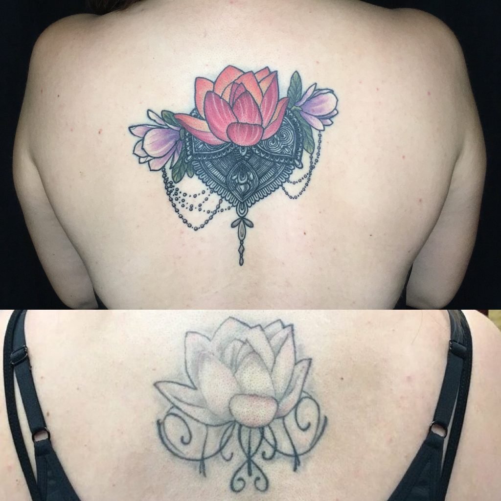 Tattoo coverup of an ornamental lotus by Mikey Vigilante