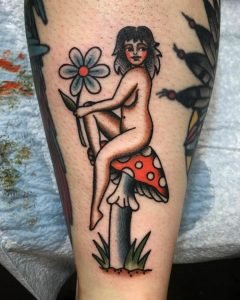 Vintage mushroom pinup tattoo from Lindsey Morehead at Paper Crane in Long Beach