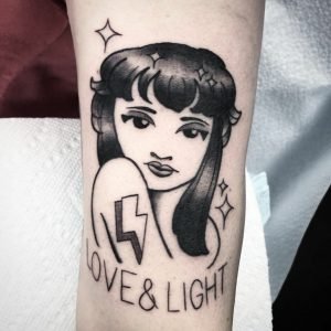 Blackwork portrait with Love and Light script by Jackie Siu.