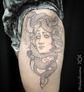 Large Medusa tattoo on client's thigh by Joy Shannon.