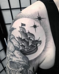 Peter Pan pirate ship tattoo, blackwork by Jade Quail of Paper Crane Studio.