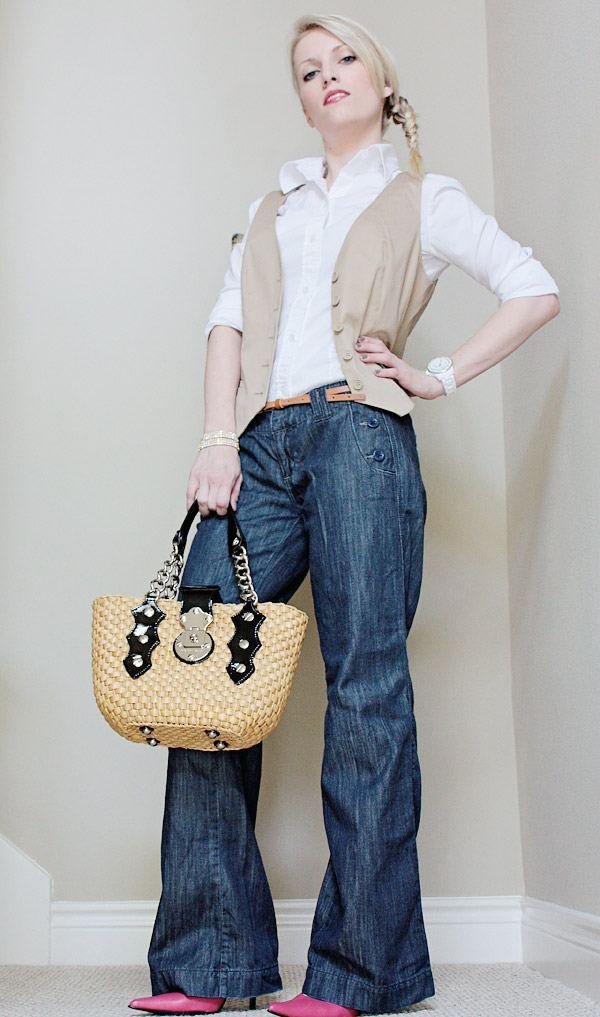 high waist sailor button jeans american eagle with vest and oxford shirt michael kors purse