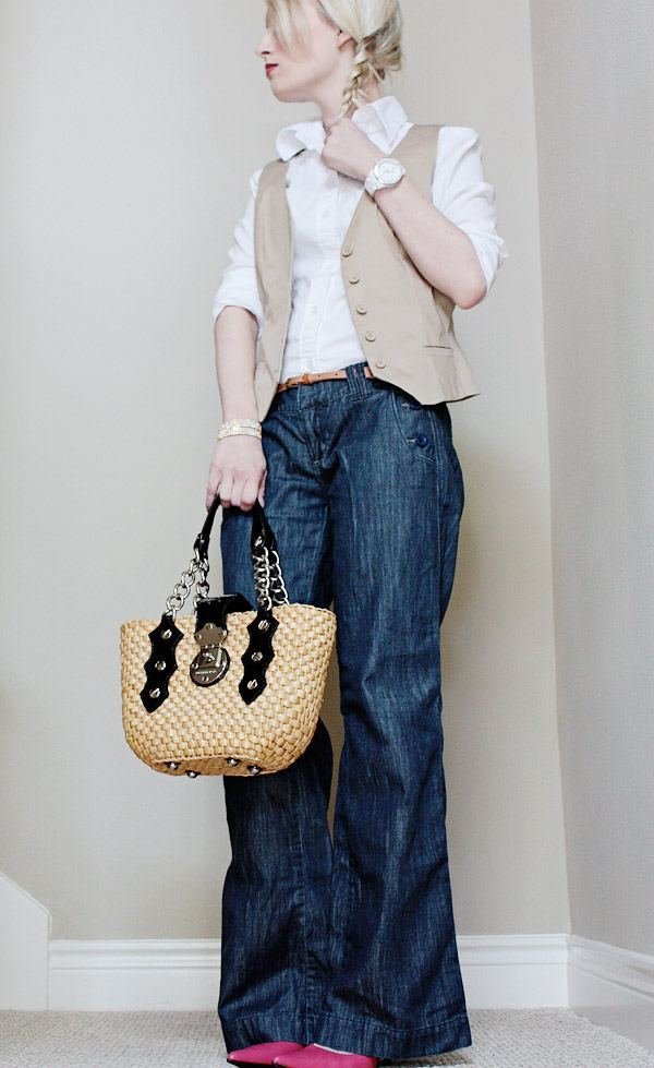 high waist sailor button jeans american eagle with vest and oxford shirt michael kors purse
