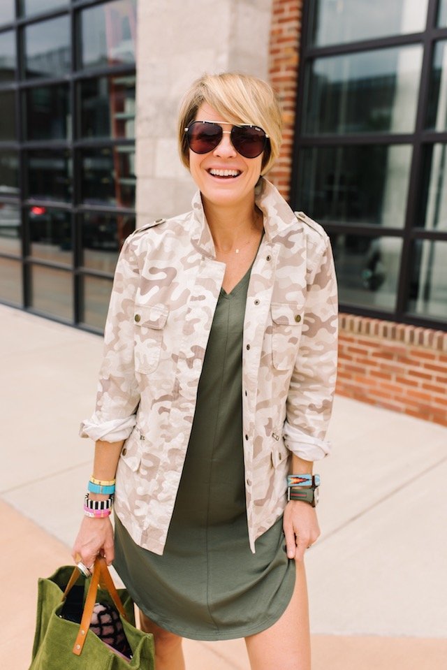 Rachel Hollis Ltd Collection: Girl, Check (and Camo) Yourself featured by top US fashion blog, Seersucker + Saddles; Image of woman wearing a camo jacket and knit baseball dress