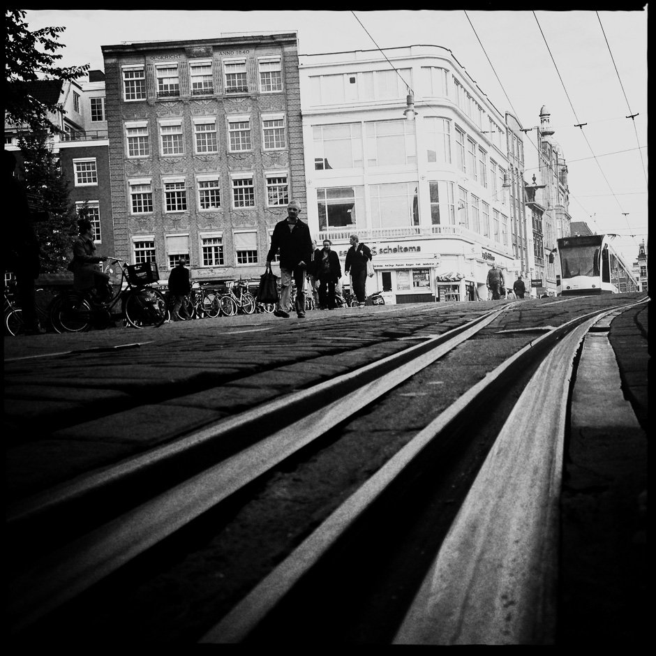 Black and White photograph of Tram tracks in Amsterdam taken with the iPhone and Hipstamatic